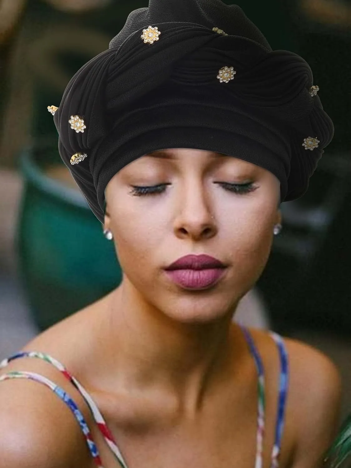 Woeoe Women African Turban Pre-Tied Twisted Beanie Cap Headwear Rhinestone Soft Stretchy Head Turbans
