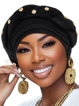 Woeoe Women African Turban Pre-Tied Twisted Beanie Cap Headwear Rhinestone Soft Stretchy Head Turbans