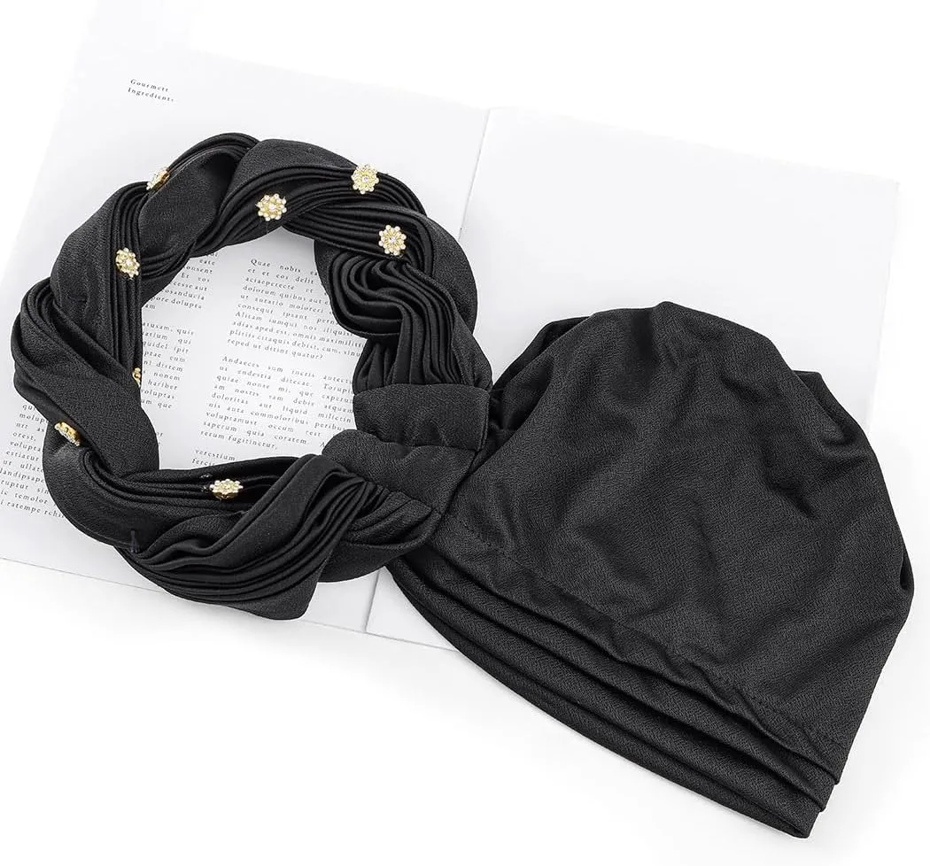 Woeoe Women African Turban Pre-Tied Twisted Beanie Cap Headwear Rhinestone Soft Stretchy Head Turbans