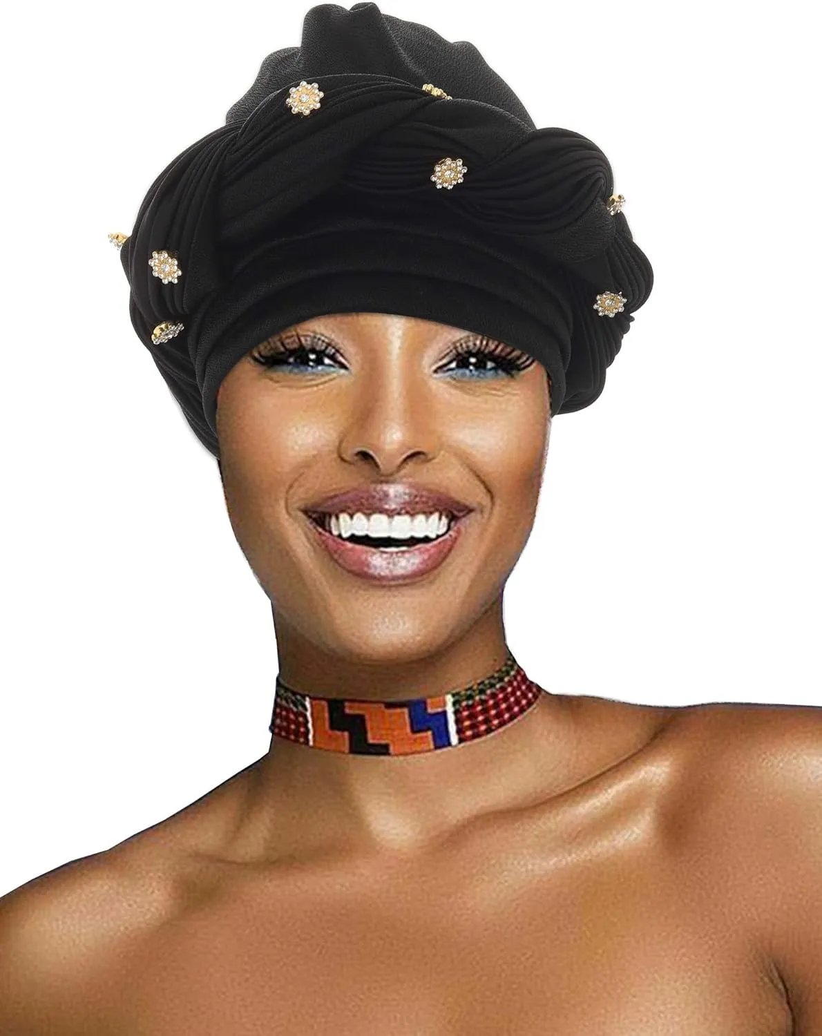 Woeoe Women African Turban Pre-Tied Twisted Beanie Cap Headwear Rhinestone Soft Stretchy Head Turbans