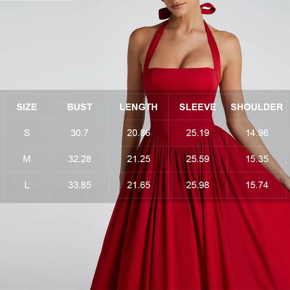 Women Halter Midi Dress Corset Back Layered Tuller Skirt Sleeveless Swing Cocktail Prom Formal Dresses