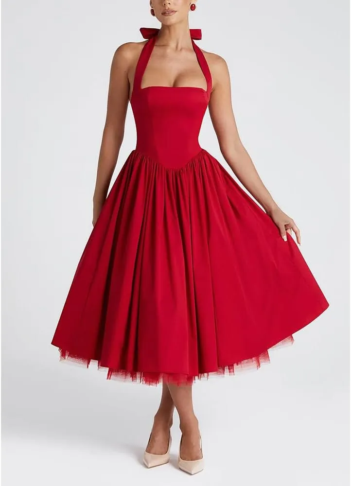 Women Halter Midi Dress Corset Back Layered Tuller Skirt Sleeveless Swing Cocktail Prom Formal Dresses