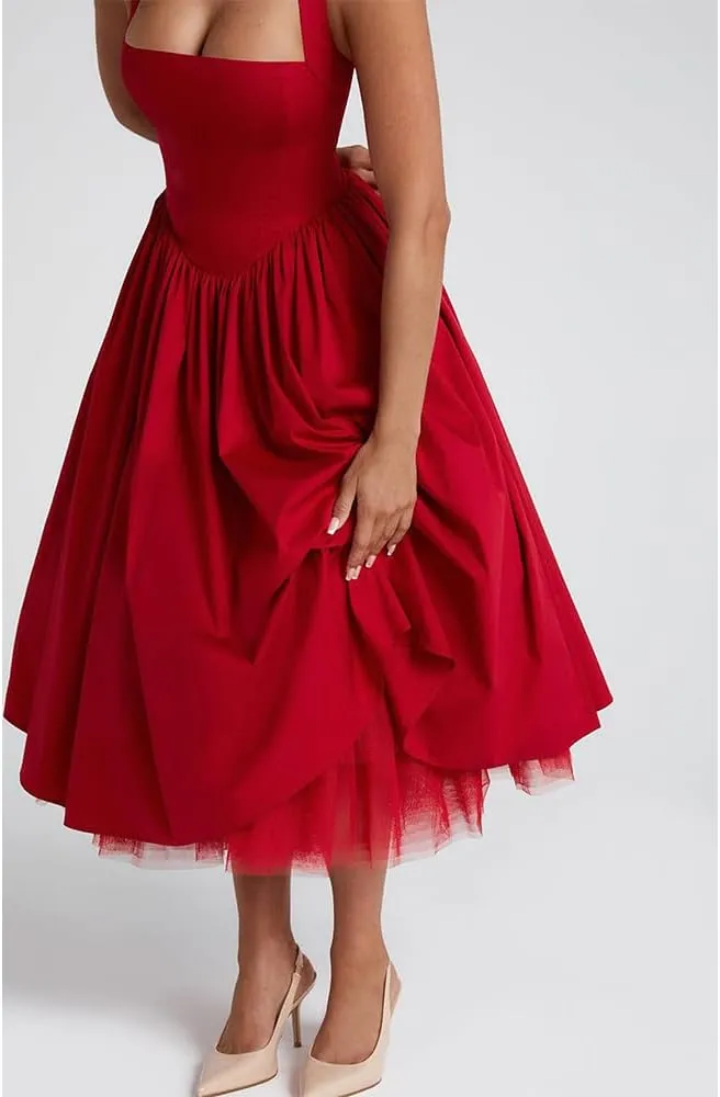 Women Halter Midi Dress Corset Back Layered Tuller Skirt Sleeveless Swing Cocktail Prom Formal Dresses