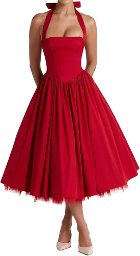 Women Halter Midi Dress Corset Back Layered Tuller Skirt Sleeveless Swing Cocktail Prom Formal Dresses