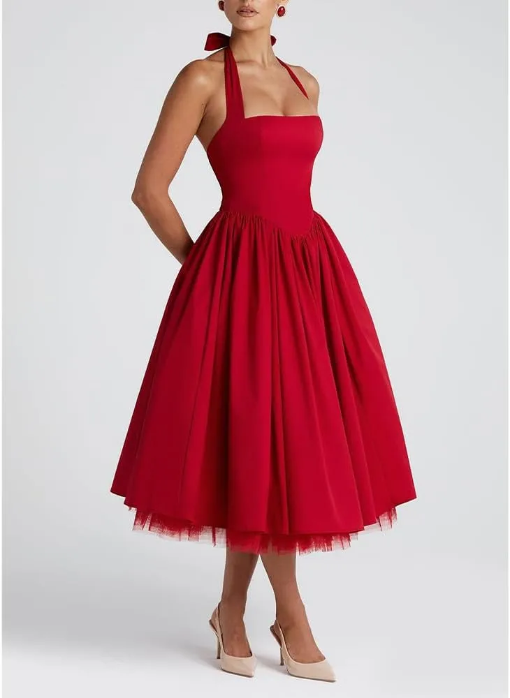Women Halter Midi Dress Corset Back Layered Tuller Skirt Sleeveless Swing Cocktail Prom Formal Dresses