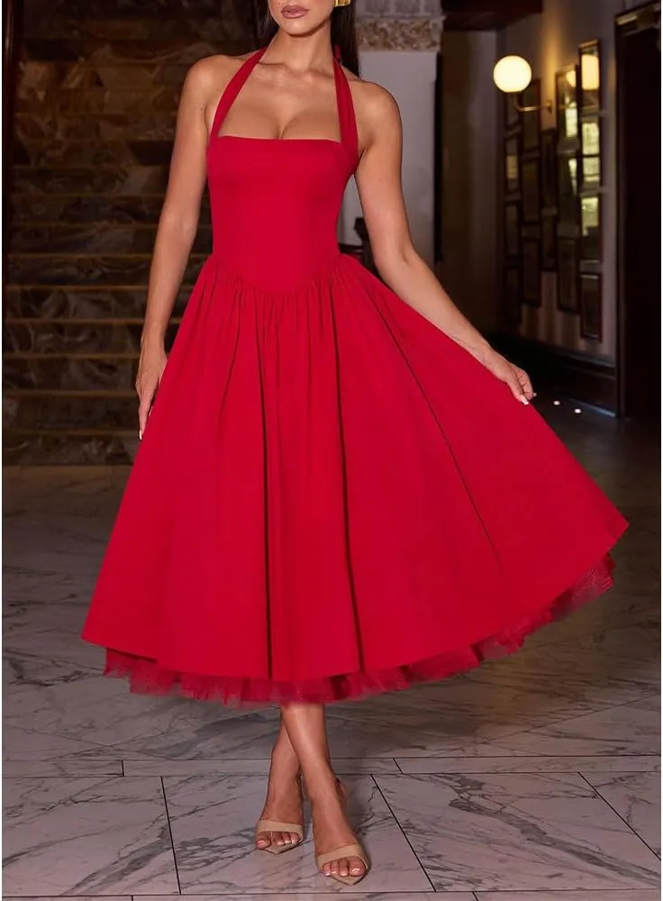 Women Halter Midi Dress Corset Back Layered Tuller Skirt Sleeveless Swing Cocktail Prom Formal Dresses