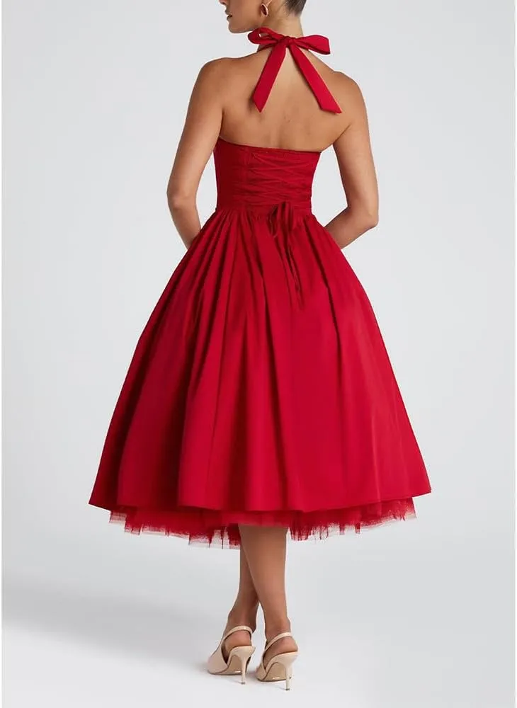 Women Halter Midi Dress Corset Back Layered Tuller Skirt Sleeveless Swing Cocktail Prom Formal Dresses