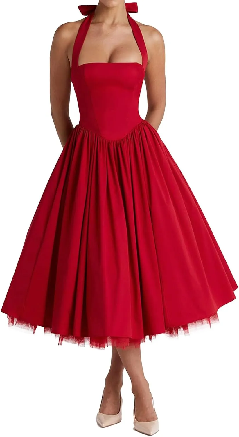 Women Halter Midi Dress Corset Back Layered Tuller Skirt Sleeveless Swing Cocktail Prom Formal Dresses