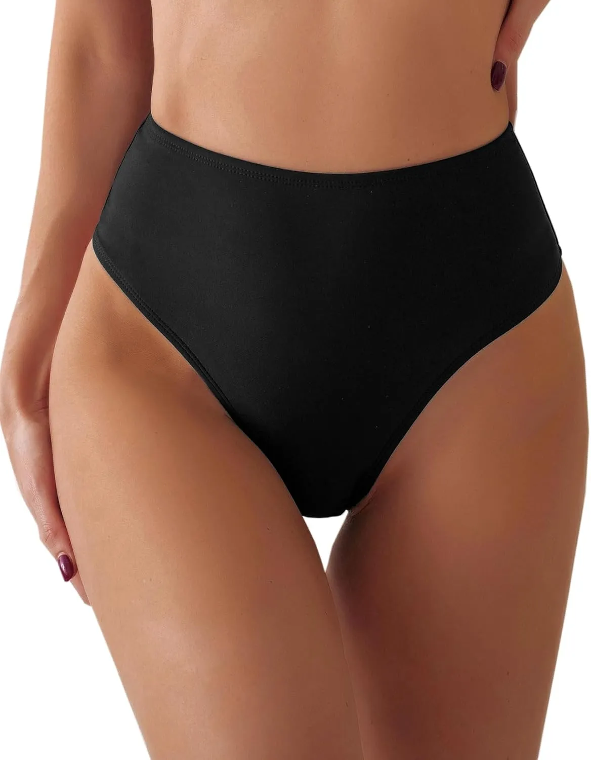 Women's Sexy High Waisted Ruched Back Cheeky Thong Bikini Swimsuit Bathing Suit Bottoms