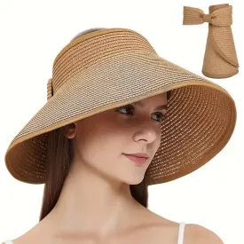 Women's UPF 50  Wide Brim Roll-up Straw Sun Hat Sun Visor