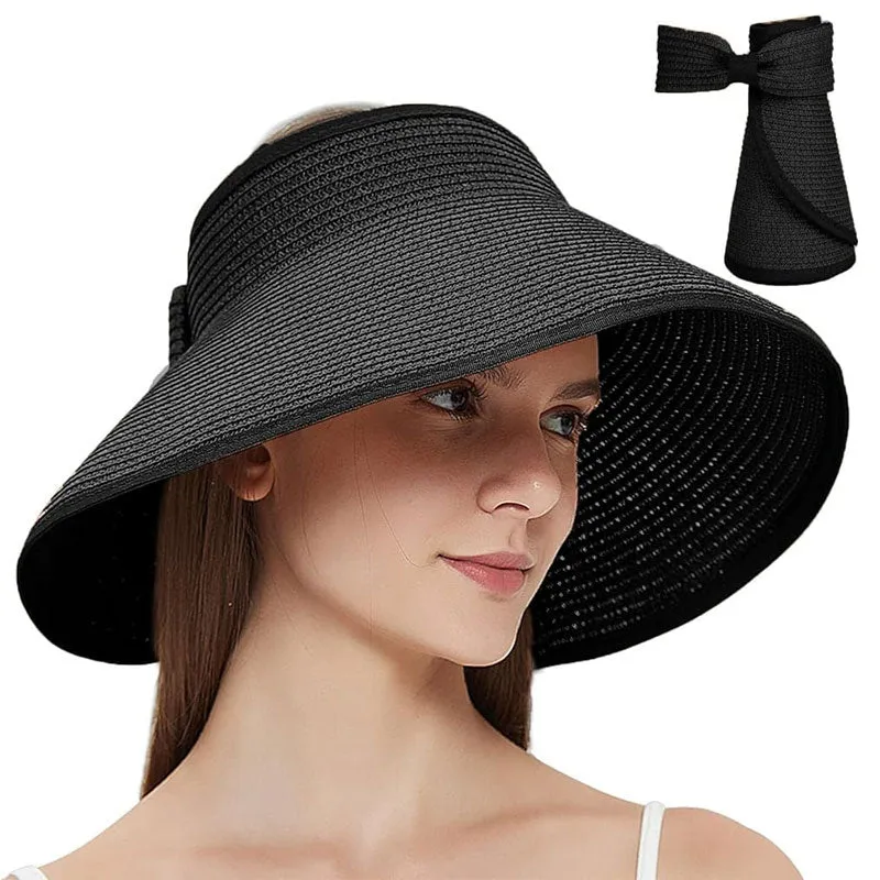 Women's UPF 50  Wide Brim Roll-up Straw Sun Hat Sun Visor