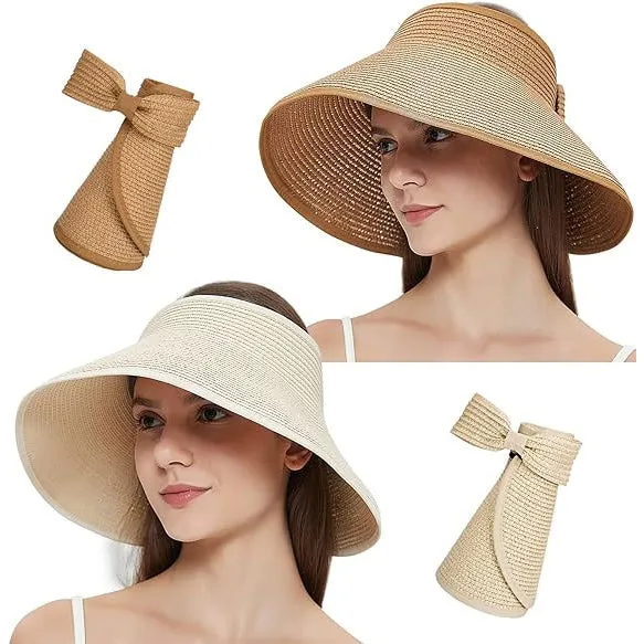 Women's UPF 50  Wide Brim Roll-up Straw Sun Hat Sun Visor