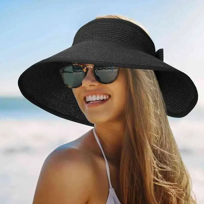 Women's UPF 50  Wide Brim Roll-up Straw Sun Hat Sun Visor