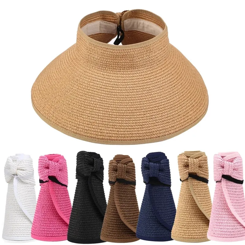 Women's UPF 50  Wide Brim Roll-up Straw Sun Hat Sun Visor