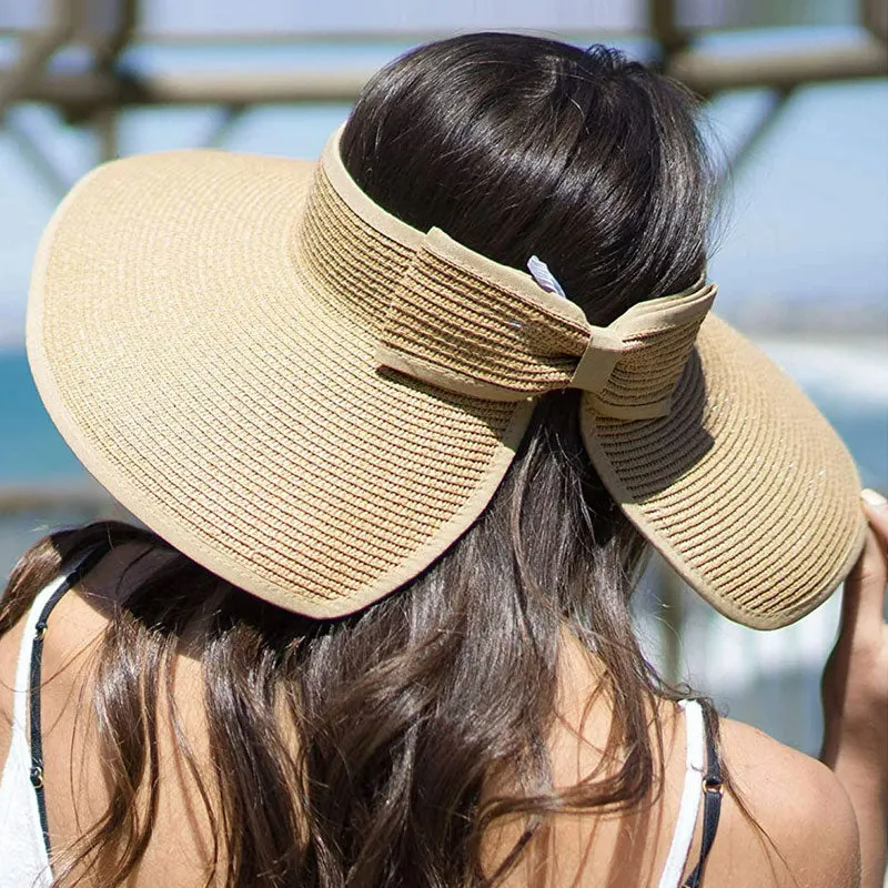 Women's UPF 50  Wide Brim Roll-up Straw Sun Hat Sun Visor