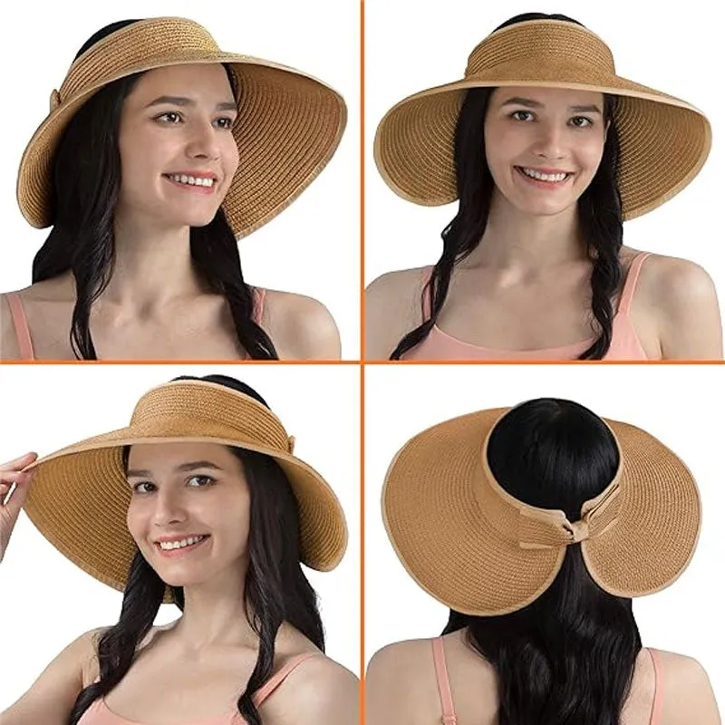 Women's UPF 50  Wide Brim Roll-up Straw Sun Hat Sun Visor