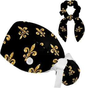 Women's Working Caps Bouffant Surgical Cap with Bow Scrunchies Pink Strawberry Pattern Ponytail Holder Tie Back Scrub Hat