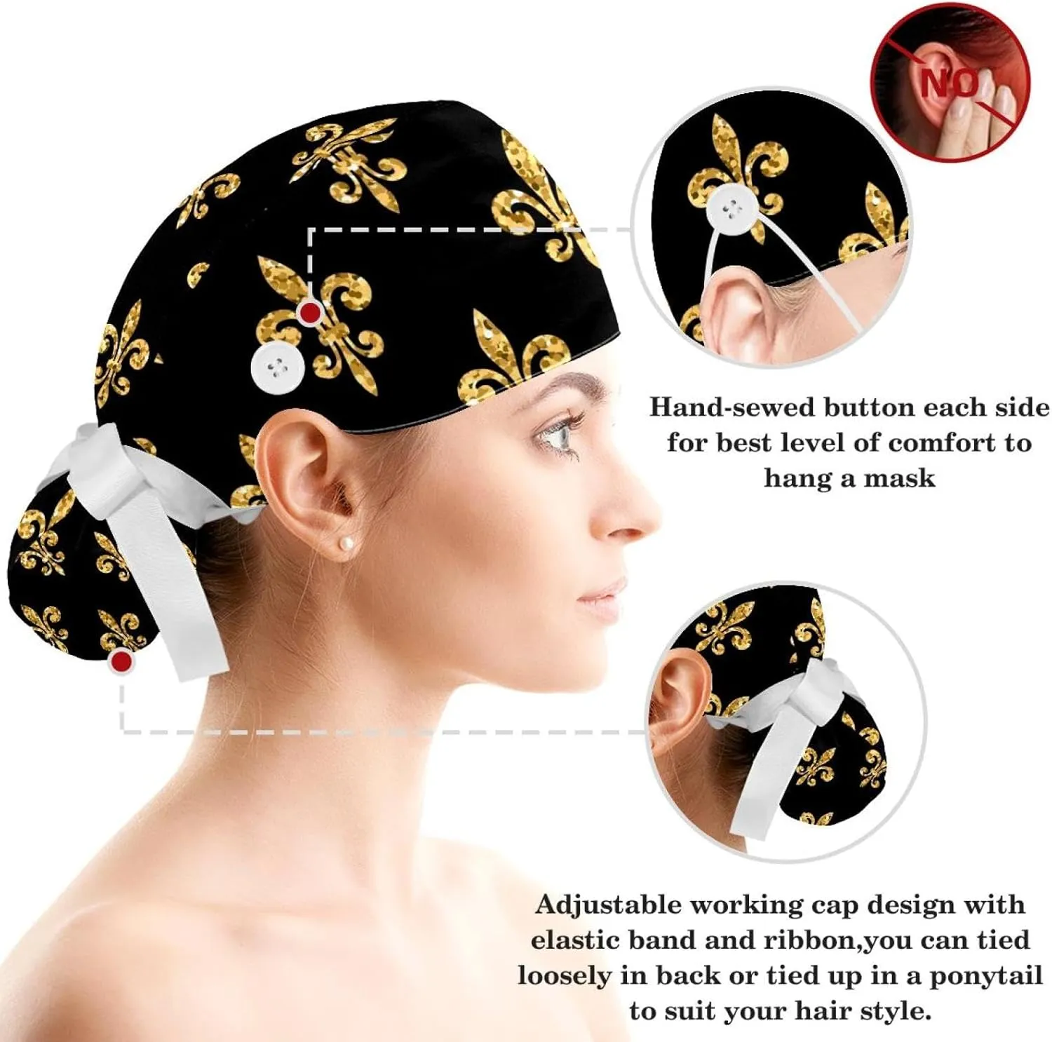 Women's Working Caps Bouffant Surgical Cap with Bow Scrunchies Pink Strawberry Pattern Ponytail Holder Tie Back Scrub Hat