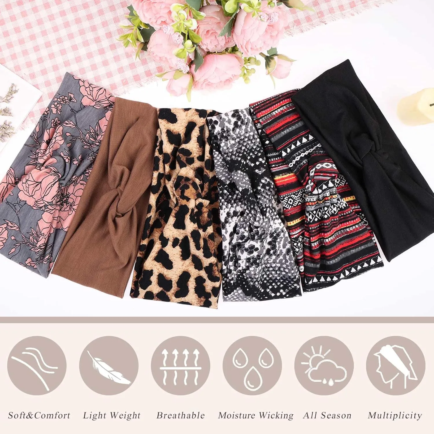 XTREND 6 Pcs Women's Headbands Twisted Cross Elastic Head Bands Yoga Workout Headband Non-Slip Sweat Soft Headbands Solid Color Simple Versatile Hair Accessory Hairbands