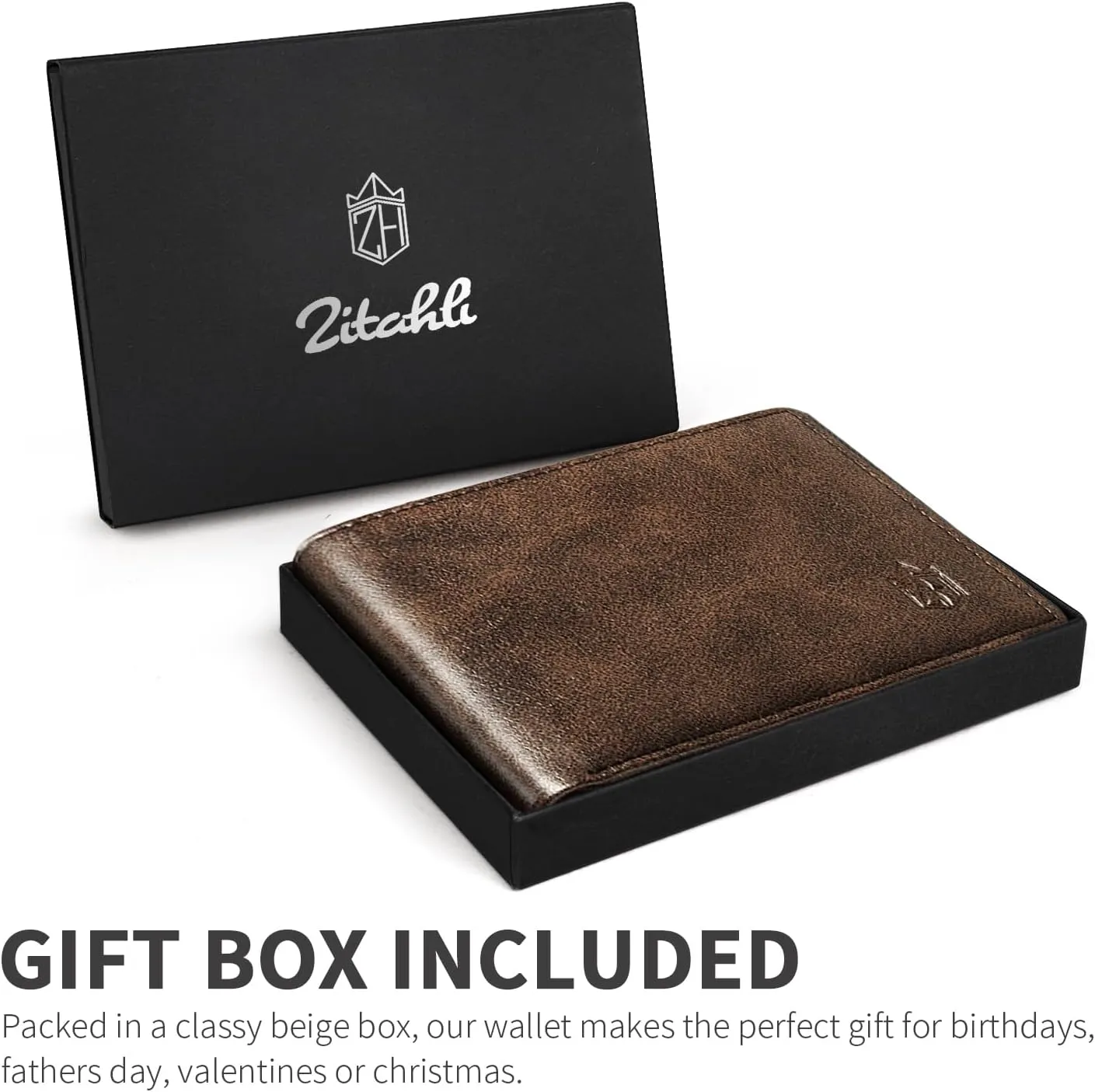 Zitahli Men's Slim RFID Blocking Leather Wallet,12 Card Slots Bifold Wallet,Ultra-Thin 0.39" Front Pocket Design 2 ID Window with Gift Box
