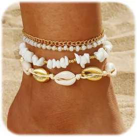 ZMANYIJEW Shell Ankle Bracelet Set for Women, Boho Pearl Adjustable Anklet,Beaded Layered Ankles Bracelets Shell Pendant Elastic Foot Chain Anklets for Women